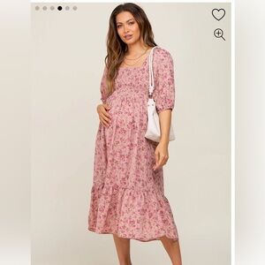Pink Blush Pink Floral Smocked Maternity Midi Dress- Size Medium